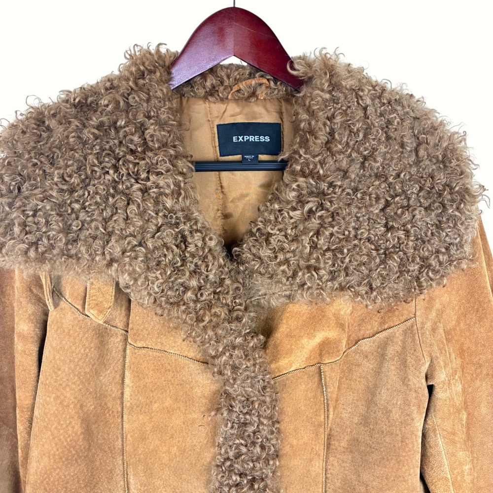 Vintage Womens Coat Sz L Penny Lane Genuine Leather Suede Fur Afghan Brown Boho - Picture 6 of 14